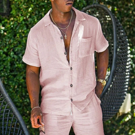 Camicia Uomo Estiva in Cotone e Lino-Stile Elegante e Casual,Maniche Corte