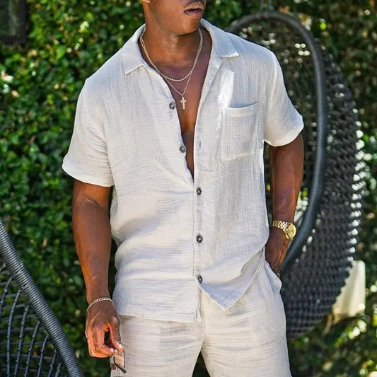 Camicia Uomo Estiva in Cotone e Lino-Stile Elegante e Casual,Maniche Corte